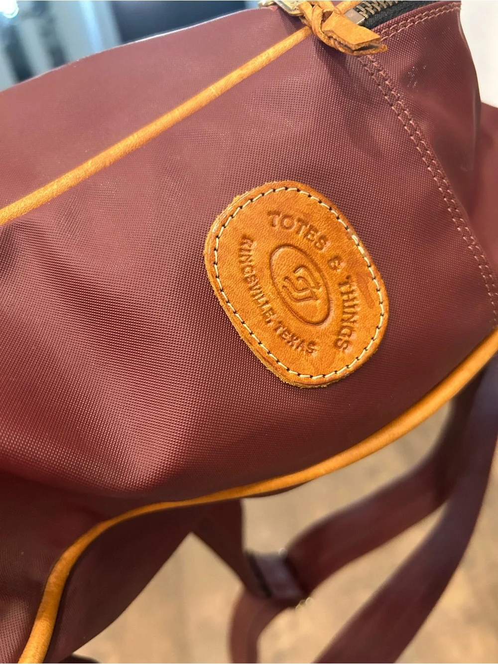 Brown Leather-Trim Burgandy Backpack